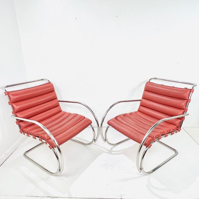 Fantastic pair of MR Lounge armchairs designed by Mies Van der Rohe for Knoll. With a canted back and cantilevered bounce,...