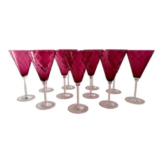 1960s Cranberry Optic Swirl Wine / Water Glasses, Set of 11, Attributed to Garda Rose Theresienthal For Sale