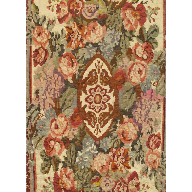 Measures: 7'7 x 13'. Handwoven Kilim Rug with Ornate Floral Medallion in Cream, Rose, Olive. Keivan Woven Arts / rug/KB-H...