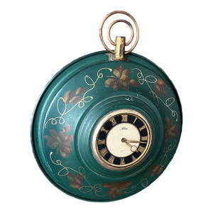 Vintage Alba Hand-Painted Toleware Metal 8-Day Wall Clock With Floral Design & Roman Numerals