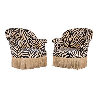 Antique French Napoleon III Club Chairs W/ Needlepoint Zebra Upholstery - a Pair For Sale