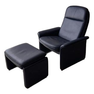 Set of DS 50 Lounge Chair with Ottoman in Dark Blue Leather from de Sede For Sale
