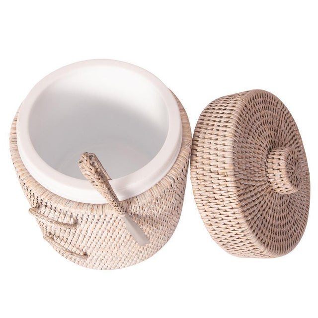 Boho Chic Artifacts Rattan Ice Bucket with Tongs in White Wash 10" - 2 Pieces For Sale - Image 3 of 4