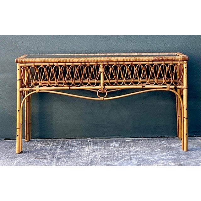 Vintage Italian Loop Rattan Console Table For Sale - Image 10 of 12