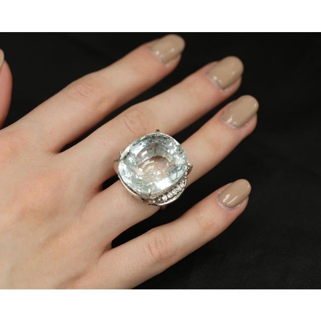 Late 20th Century Rare 62.78ct Natural Aquamarine & 0.25ct Diamond Platinum Ring, 29.1g Size 6 For Sale - Image 17 of 18