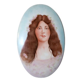 Share Large Antique 19th Century Hand Painted Porcelain Lady Portrait Painting Figural For Sale