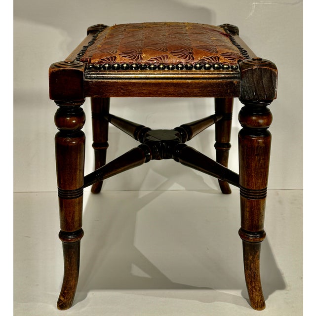 Late 19th Century Antique English Hardwood Footstool, Aesthetic Movement Embossed Leather Circa 1880 For Sale - Image 5 of 13