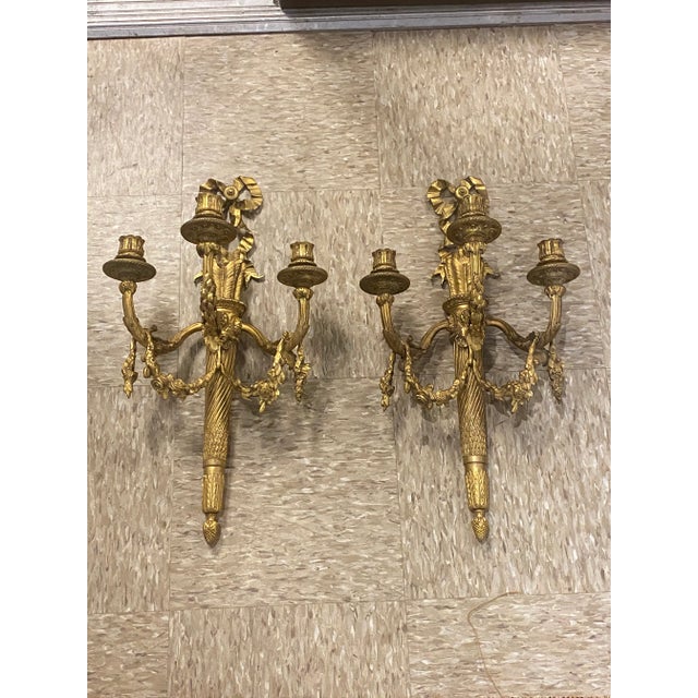 1900 Gilt Bronze Caldwell Sconces With Ribbons 3 Lights For Sale - Image 10 of 10