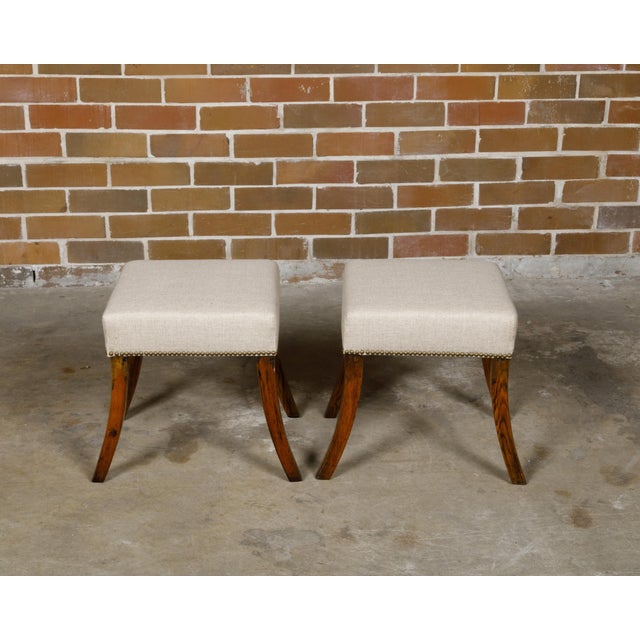 19th Century Pair of English 19th Century Oak Stools with Saber Legs and Custom Upholstery For Sale - Image 5 of 12