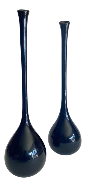 Vintage Mid Century Modernist Hand Blown Tall Black Art Glass Bottle Vases - a Pair