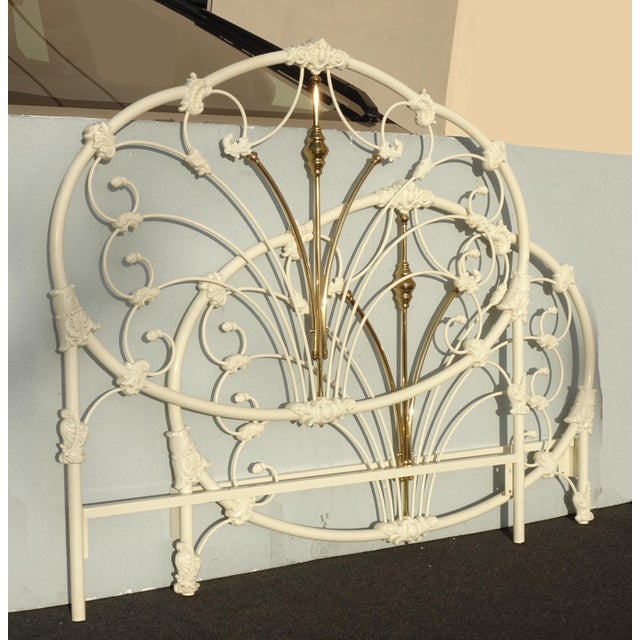 French Country Vintage French Elliott's Designs White Gold Iron Queen Headboard W Footboard #2 For Sale - Image 3 of 13