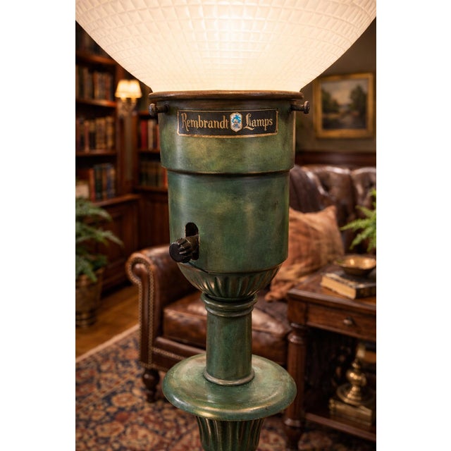 Contemporary Vintage Rembrandt Lamps Verdigris Green Torchiere Floor Lamp With Original Textured Milk Glass Shade For Sale - Image 3 of 8