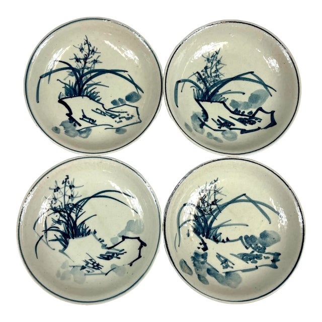 Set of 4 Hand-Painted Blue and White Small Ceramic Dessert Plates For Sale