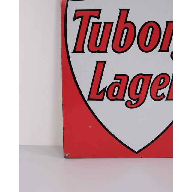 Metal Tuborg Lager Enamel Sign with Royal Crown in Red and White For Sale - Image 7 of 8