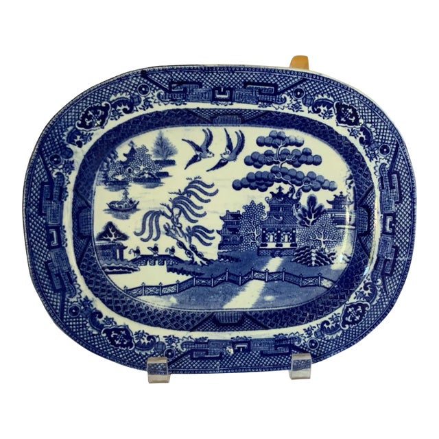Antique Adams Blue Willow Ironstone Oval Vegetable Bowl Serving Dish 9.5" England C. 1891-1910 For Sale