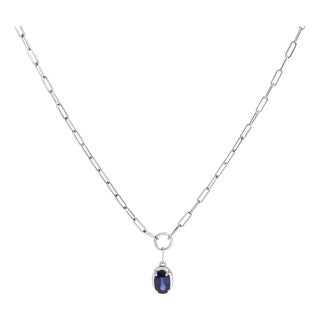 10K White Gold 6x4 mm Oval Blue Sapphire Solitaire Paperclip Pendant Necklace - 18" Inches For Sale