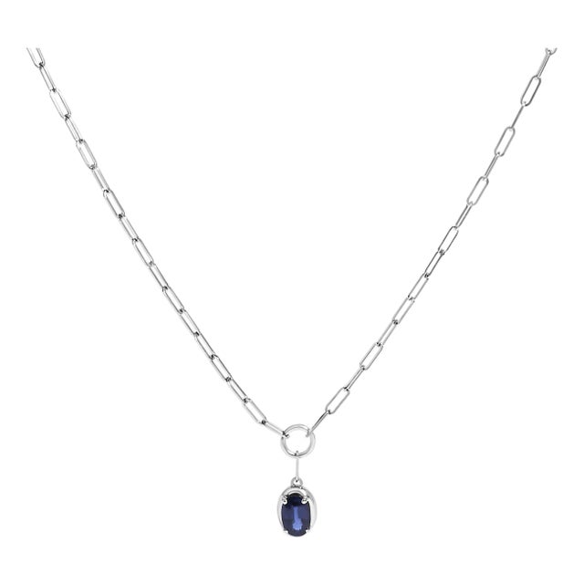 10K White Gold 6x4 mm Oval Blue Sapphire Solitaire Paperclip Pendant Necklace - 18" Inches For Sale