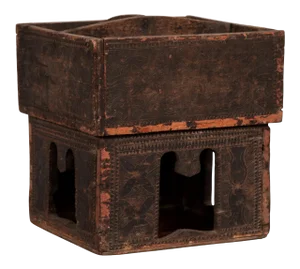 Antique Thai Rustic Wooden Betel Nut Box with Carved Décor and Pierced Motifs