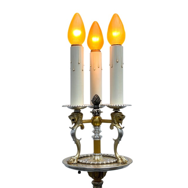 Early 20th Century Lion's Heads Candleabra Floor Lamp in Cast Brass With Silver Accents #2612 For Sale - Image 4 of 11