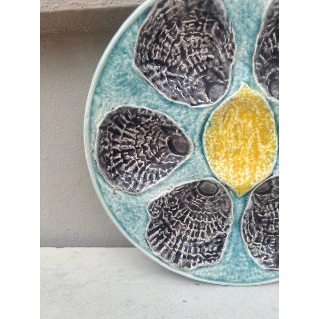 Rustic French Majolica Oyster Plate With Lemon Circa 1890 For Sale - Image 3 of 4