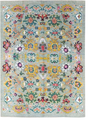 Modern Oushak Handmade Blue and Green Floral Designed Wool Rug