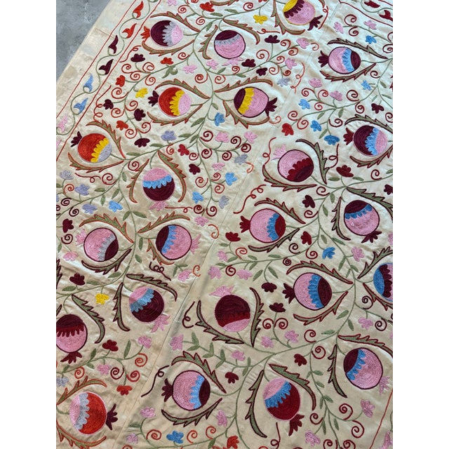 2010s Square Ivory Silk Suzani Tapestry With Pomegranates For Sale - Image 5 of 9