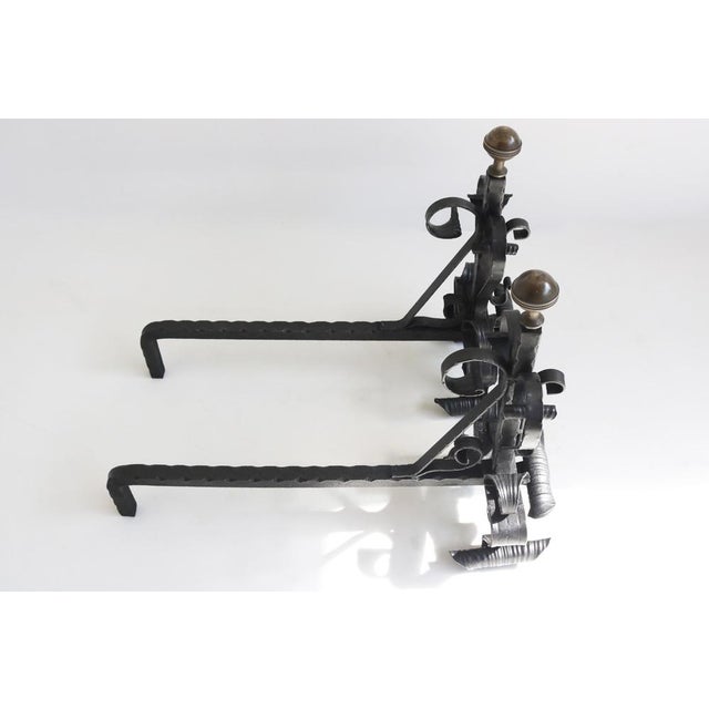 Antique Hand-Forged Wrought Iron Andirons, 1890s, Set of 2 For Sale - Image 5 of 13