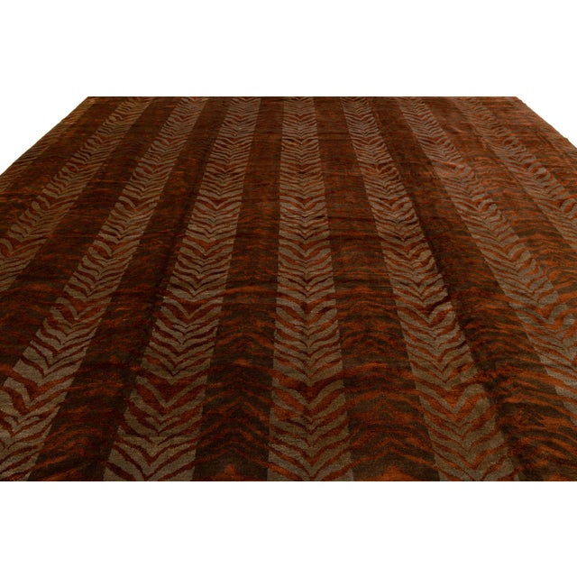 Modern Hand-Knotted Tibetan Wool & Silk Area Rug in Rust Terracotta & Espresso For Sale - Image 11 of 11