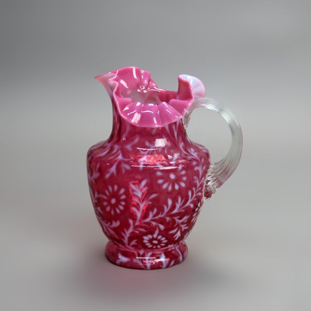 Antique Victorian Cranberry and Opalescent Glass Pitcher with Ruffled ...