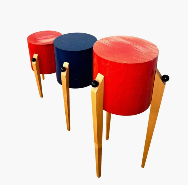 A complete set of three postmodern pedestal stands with incredible presence. Each piece is built around a cylindrical...