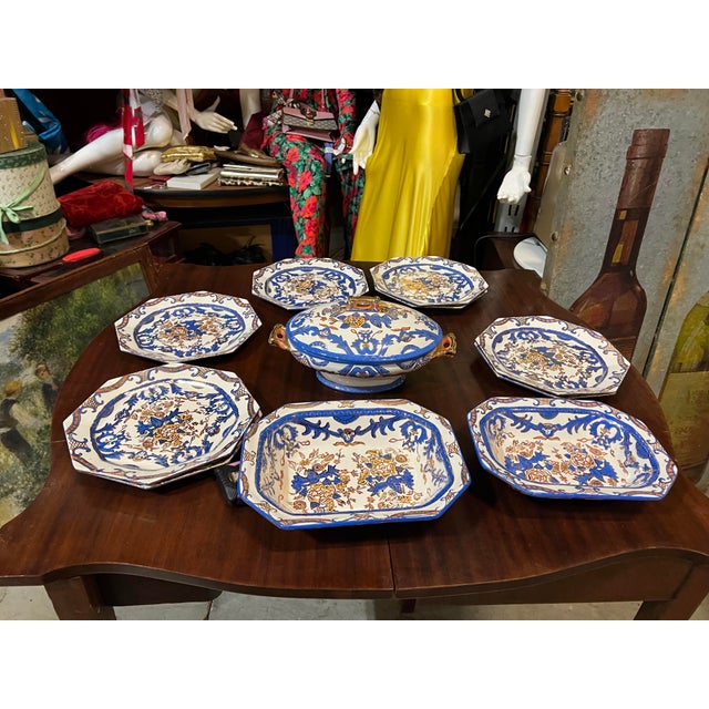 1970s Italian Blue and White Hand Painted Serving Dishes With Gold Accents- Set of 11 For Sale - Image 9 of 12