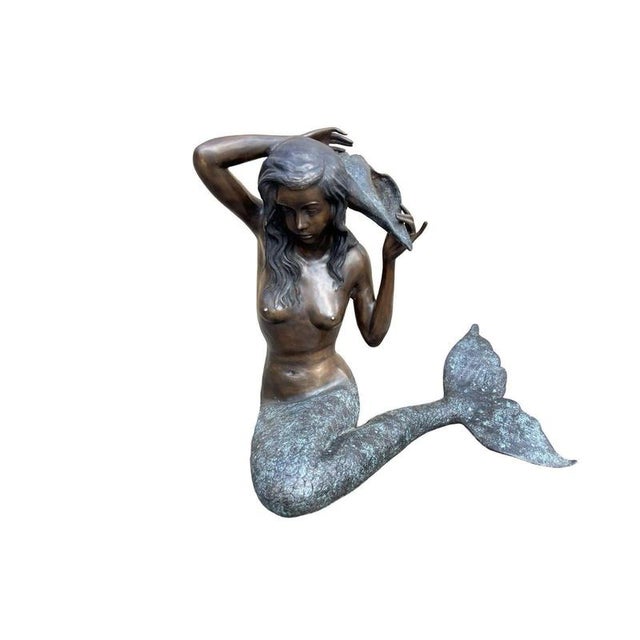 Metal Bronze Mermaid with Conch Shell Fountain Sculpture For Sale - Image 7 of 12