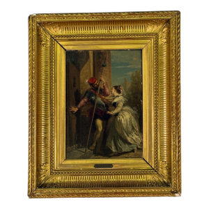 Mid 19th Century Oil on Board Romantic Painting of a Lady & Guard