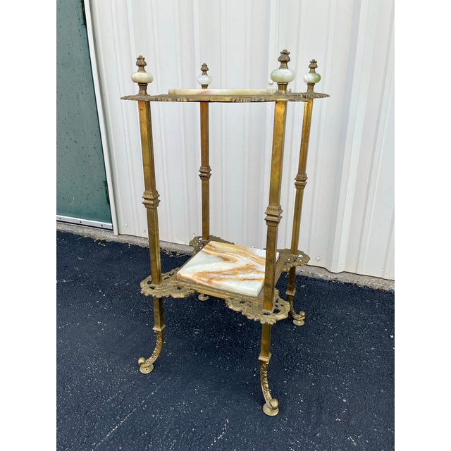 Art Nouveau Mid 20th Century Art Nouveau Two-Tier Onyx and Brass Planter Stand For Sale - Image 3 of 12