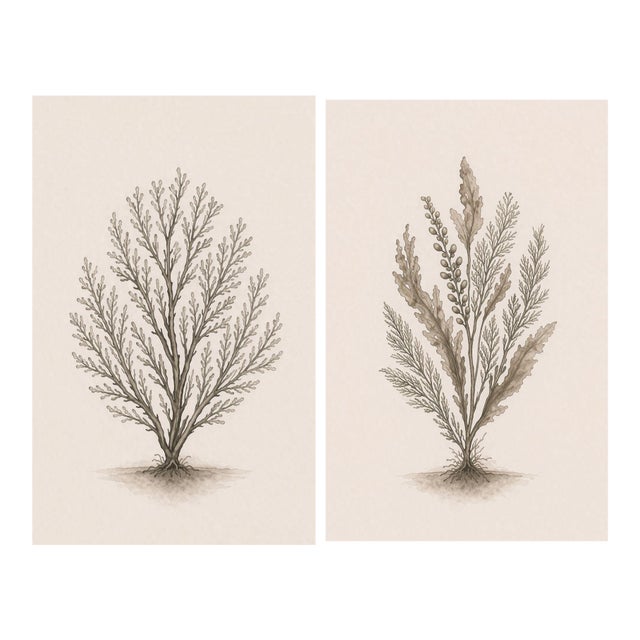 Structured Coastal Botanical Pair, Coral & Seaweed Studies, 24" × 36" Each For Sale