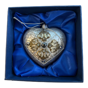 1980s Glass Heart Shaped Ornament With Silver Tones