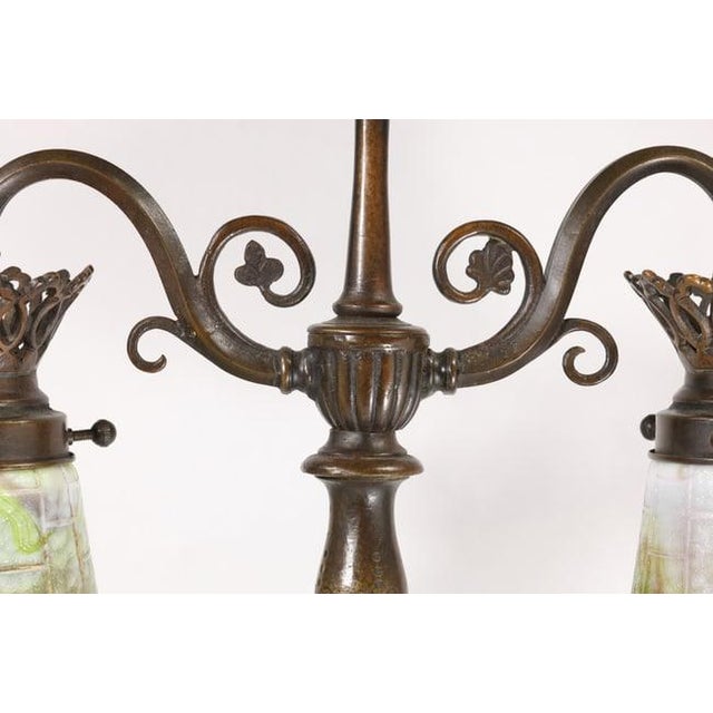 1910s Signed Oscar Bach Bronze 2-Light Table Lamp With Quality Art Glass Shades, Good Patina For Sale In New York - Image 6 of 15