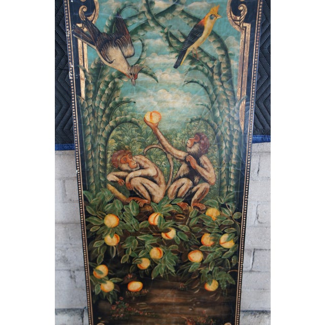 Late 20th Century Maitland Smith Hand Painted Monkey Landscape Crackled Coromandel Wall Panel - Set of 2 For Sale - Image 10 of 16