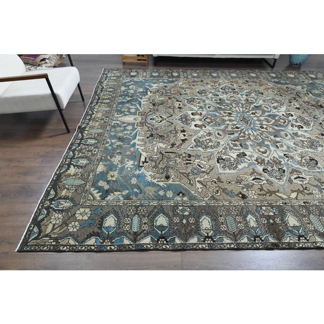 Coffee 1970s Vintage Persian Handmade Wool Cotton Green Blue Area Rug For Sale - Image 8 of 11