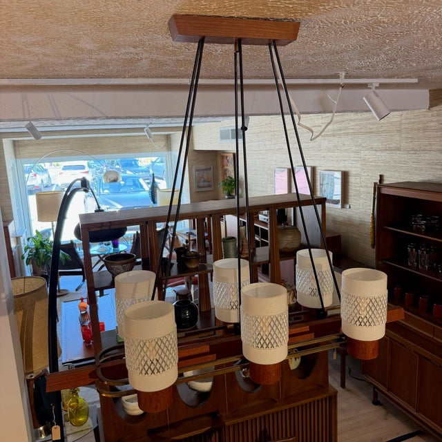 Mid 20th Century Danish Modern Teak & Brass 6-Light Chandelier With Textured Glass Shades For Sale - Image 12 of 12