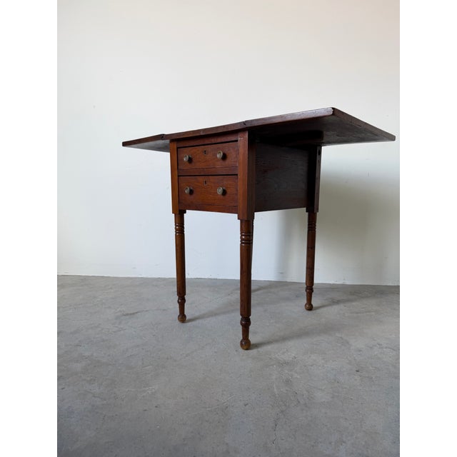 Traditional Antique Walnut Drop-Leaf Side Table With Two Drawers & Turned Legs/ Sold For Sale - Image 3 of 12