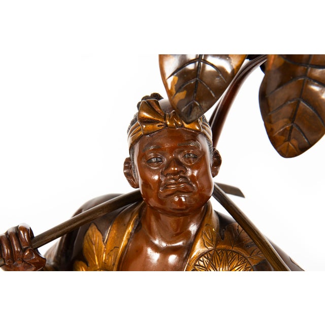 Wood Fine Japanese Meiji Period Bronze Sculpture Okimono of Fire Watchman For Sale - Image 7 of 18