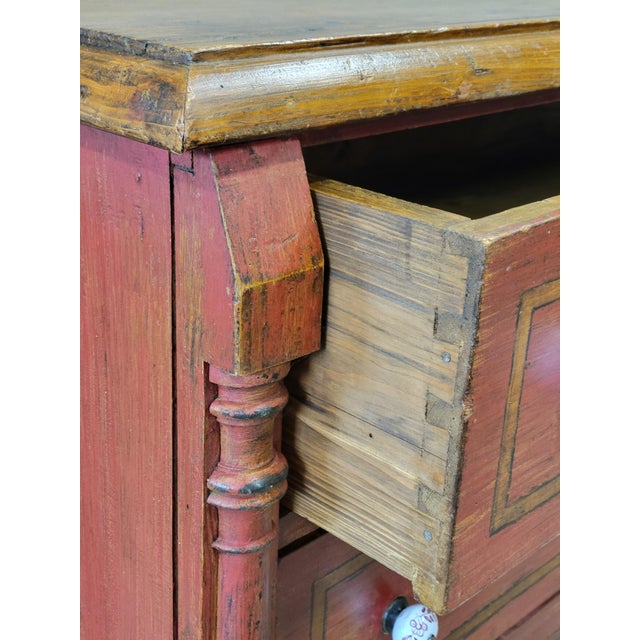 Antique European Pine Dresser With Red Distressed Paint and French Line Motif For Sale - Image 4 of 12