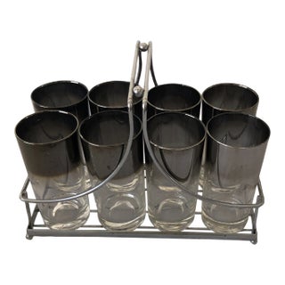 Midcentury Dorothy Thorpe Style Highball Glasses S/8 With Caddy For Sale