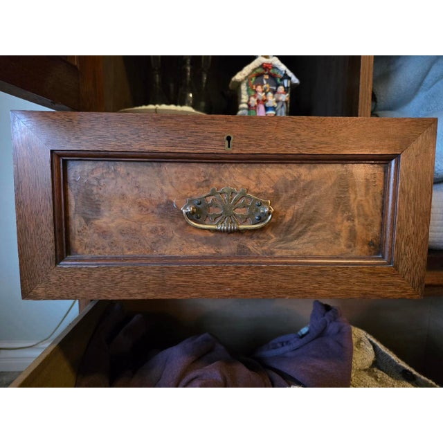 19th Century Victorian Burl Wood & Oak 3-Door Grand Wardrobe Armoire With Mirror For Sale - Image 10 of 12