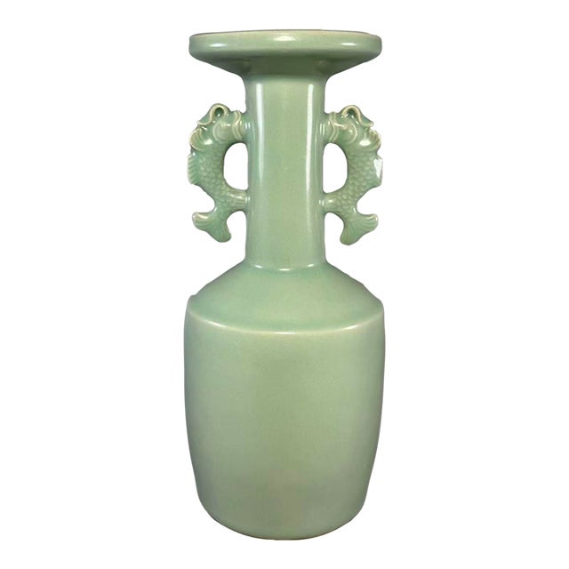 Vintage Chinese Longquan Celadon Porcelain Vase | One of a Kind, Dragon‑Shaped Twin Handles For Sale