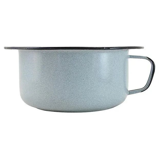 Large vintage gray rustic cabin, lodge, camping or farmhouse style enamelware bowl with handle and black trim. No maker's...