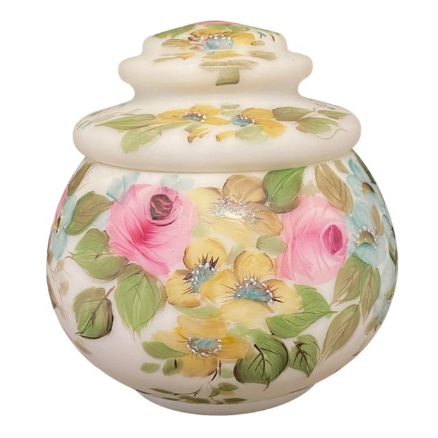 Mid 20th Century L. G. Wright Hand Painted Milk Glass Candy Box with Pink Roses Decoration. Add a touch of vintage...