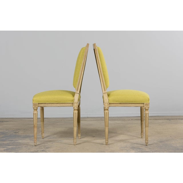 Chartreuse Antique French Louis XVI Painted Accent Side Chairs in Chartreuse Fabric - A Pair For Sale - Image 8 of 18