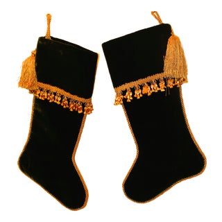 Velvet Christmas Stockings With Gold Rope Trim - a Pair For Sale